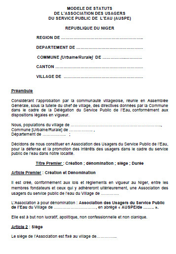 Biblio Modele De Statuts Et Du Reglement Interieur De L Association Des Usagers Du Service Public De L Eau Auspe Niger