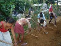 Participation villageoise: Rebouchage de la tranchée où passe la canalisation d'eau dans l'une des rues - village de Tanambao